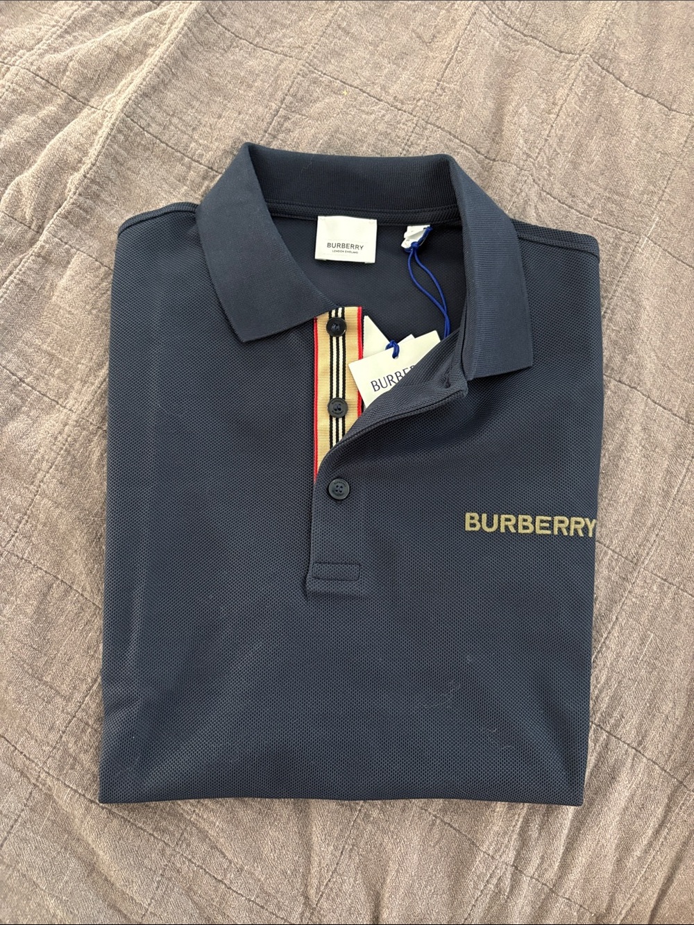 Burberry Navy Polo with Signature Stripe and Gold Logo NWT